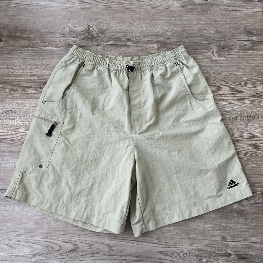 Vintage Adidas Nylon Shorts Mens M Khaki Utility Zip Pocket Elastic Waist 8"